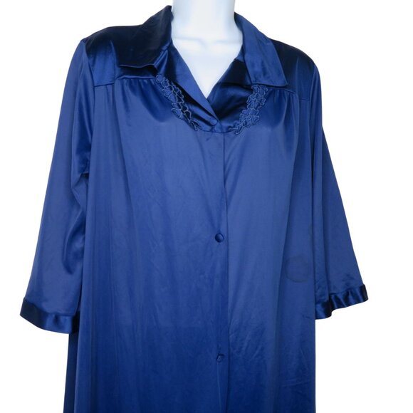 Vanity Fair Womens Navy Blue Button-Down Nightgown Robe M Nylon Embroidered - Picture 5 of 12